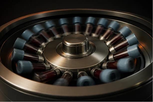 A centrifuge rotor loaded with capped blood collection tubes.