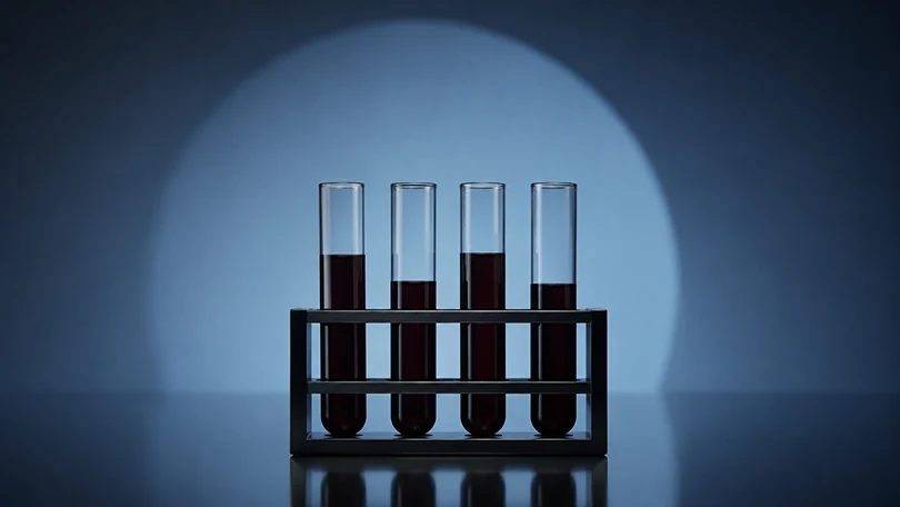 Four filled blood collection tubes in a rack, spotlit against blue.