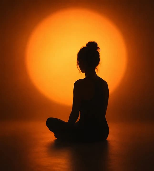 A person seated cross-legged in silhouette against a warm amber light.