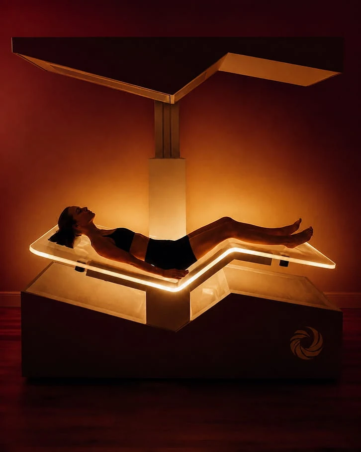 A client lying under the Ammortal Chamber’s lit canopy, the room washed in warm amber.