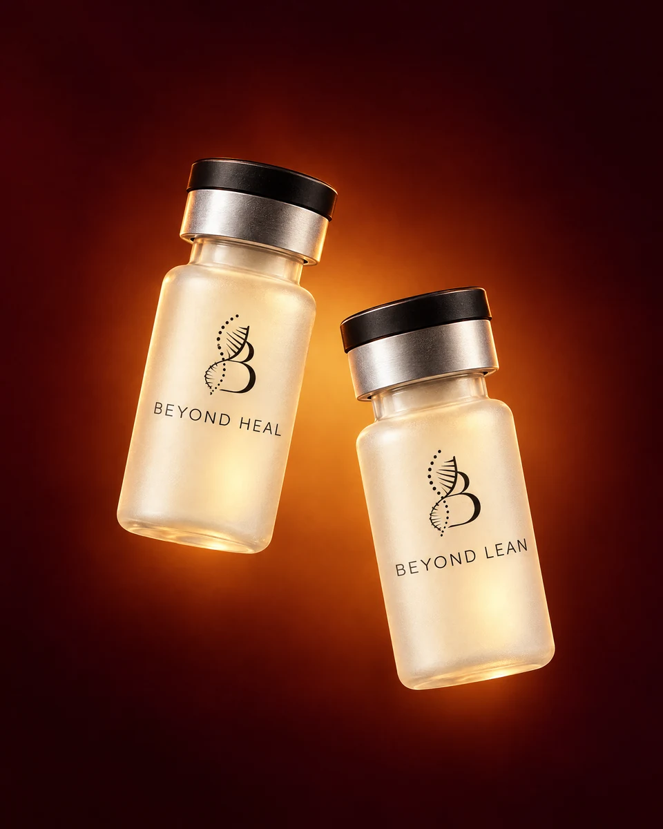 Beyond Heal and Beyond Lean frosted glass vials against a deep red and warm orange background.