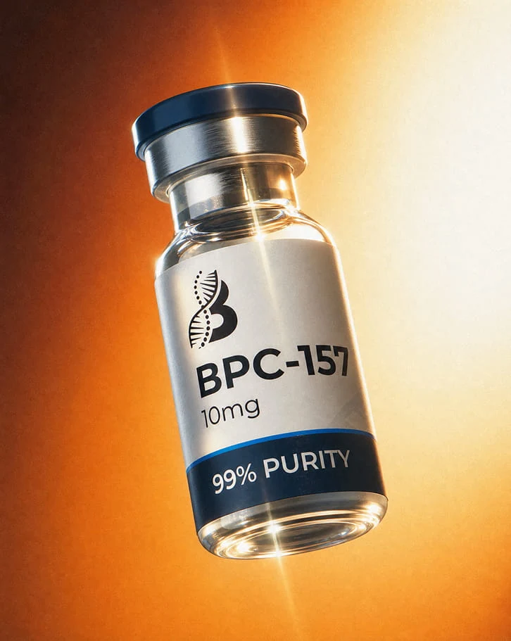 A Beyond Wellness BPC-157 10mg vial at 99% purity, lit against a warm amber ground.